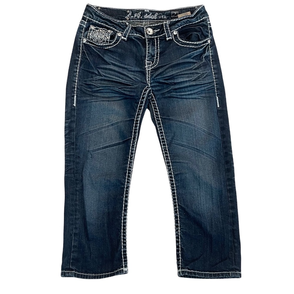 L.A. IDOL Blue Embellished Stretchy Jean Capris w/ Contrasting colored stitching